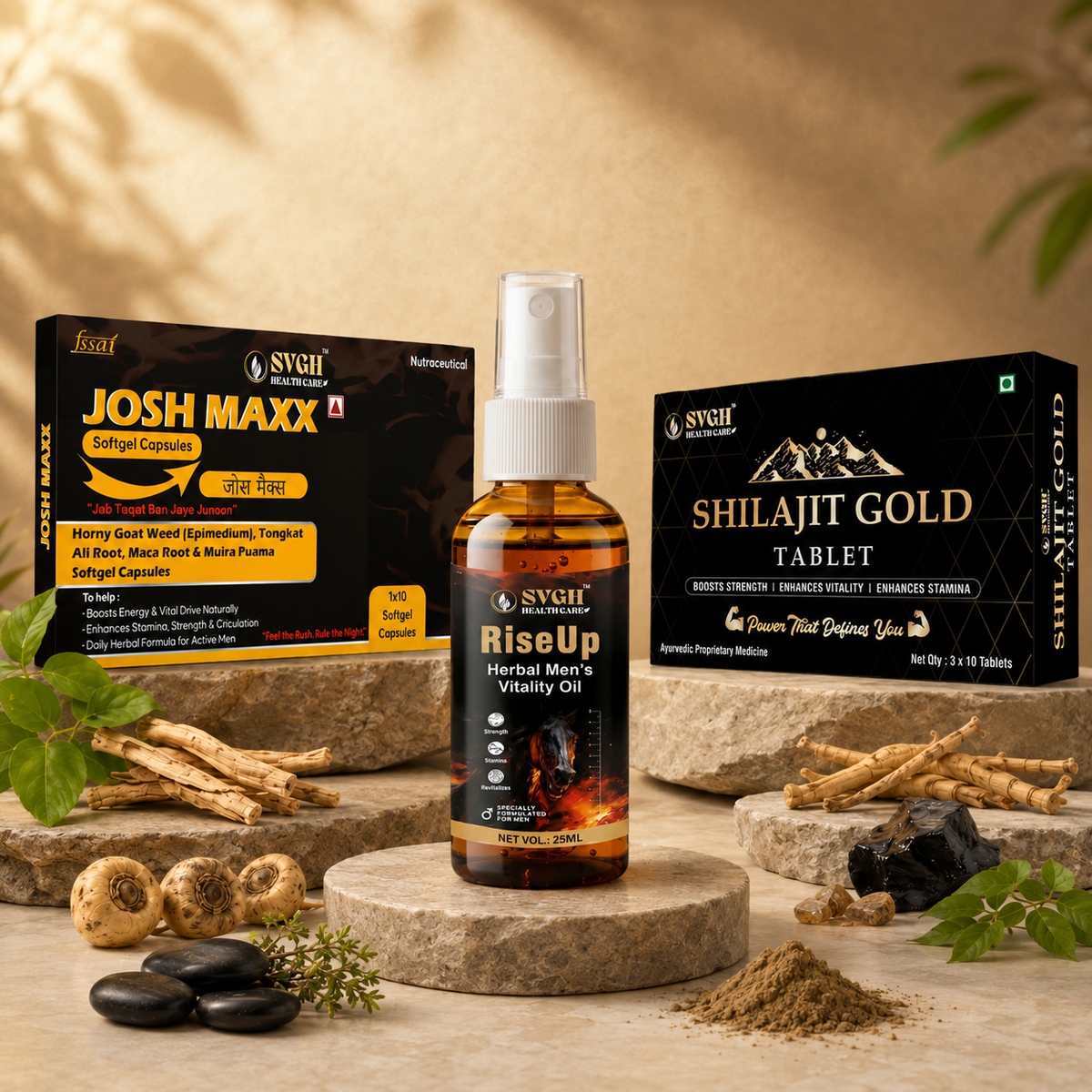 A bottle of Sveyl RiseUp Herbal Men's Vitality Oil stands centered on a stone pedestal, flanked by two black product boxes labeled Josh Maxx and Shilajit Gold Tablet. The scene includes roots, herbs, and dark stones against a warm beige textured background.