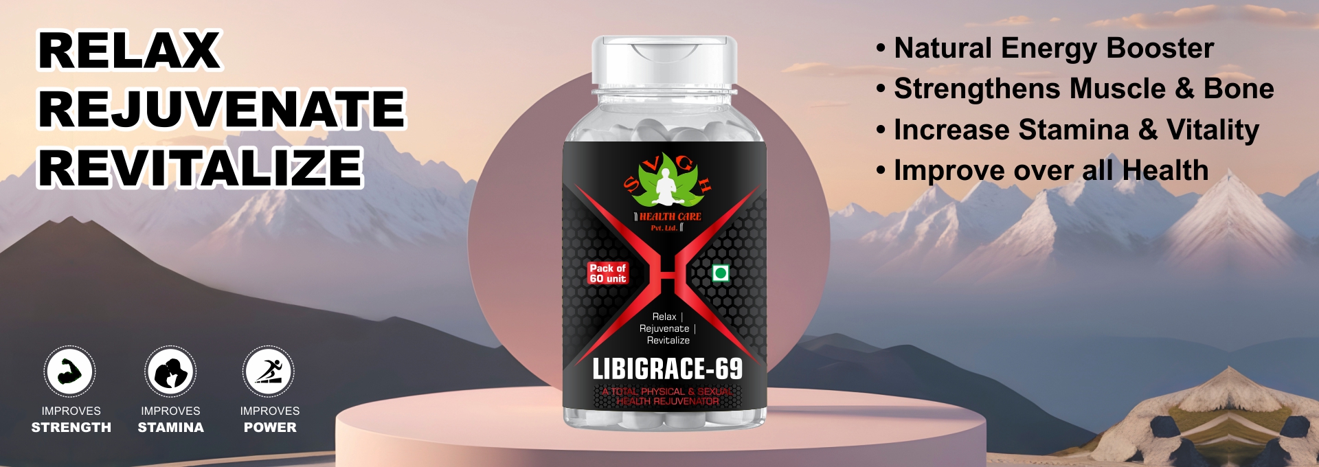 Banner featuring Libigrace-69 supplement bottle labeled as a total physical and sexual health rejuve