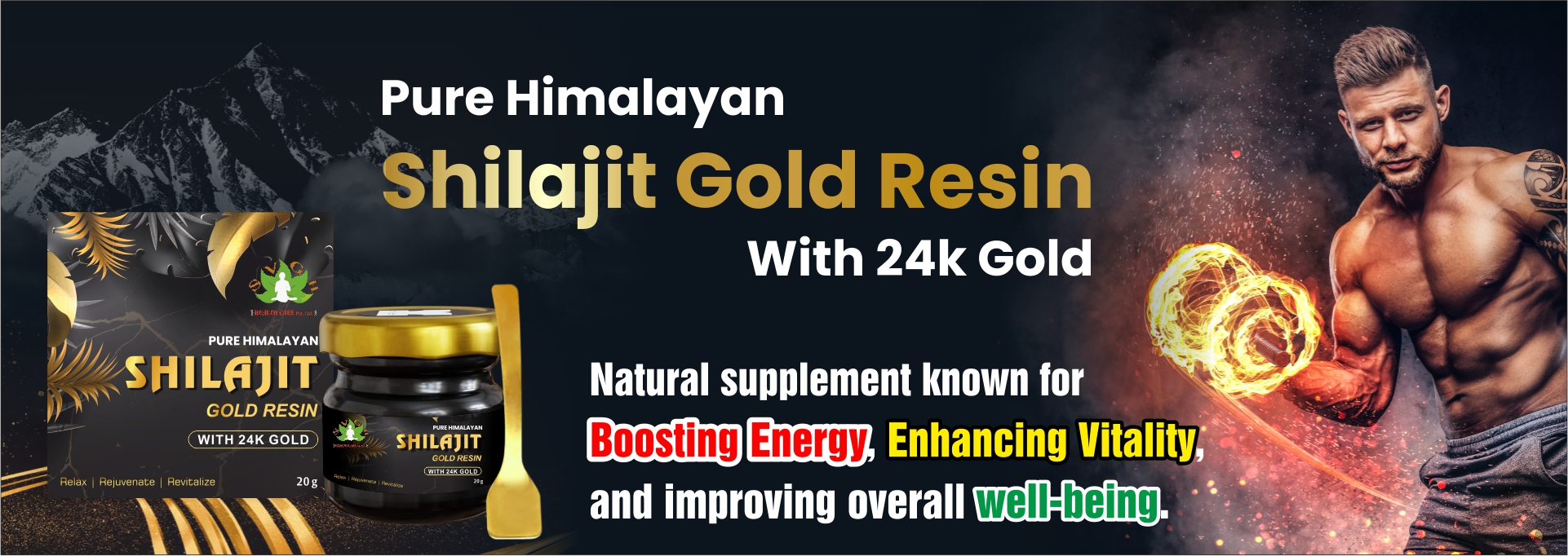 Banner showcasing Pure Himalayan Shilajit Gold Resin with 24k Gold. Image features product packaging